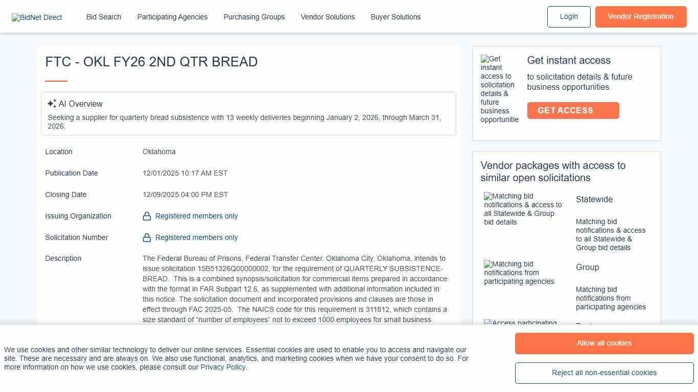 Ftc - Okl Fy26 2nd Qtr Bread - Bid Information - Justice, Department Of - Federal Prison System / Bureau Of Prisons - Ftc Oklahoma City | BidNet Direct